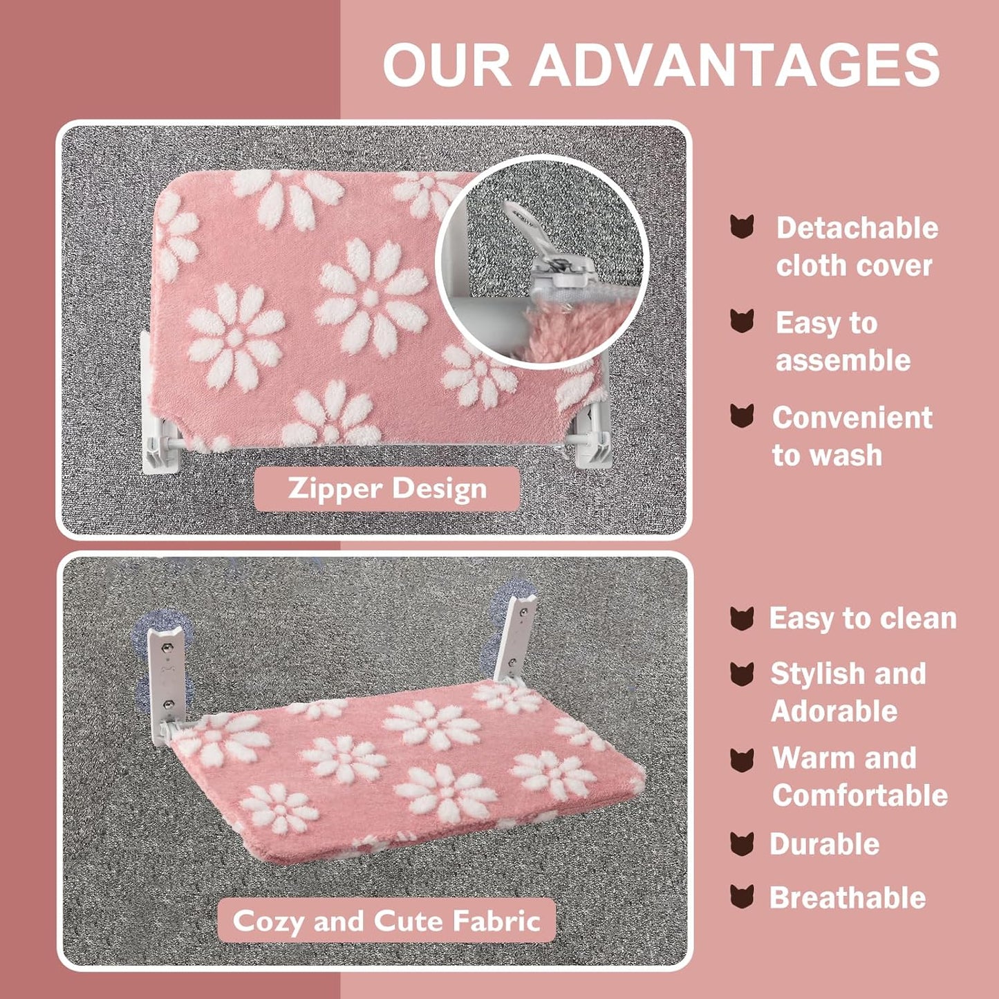 Cat Window Perch, Foldable Cat Window Hammock with Cute 3D Textured Flower Cover and Strong Suction Cups, Cordless Window Seat Bed for Indoor Cats (Pink, Large)