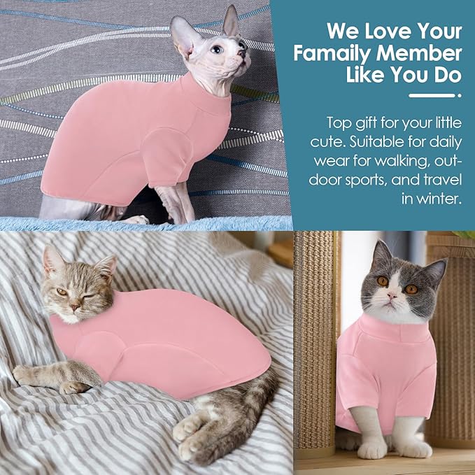 SUNFURA Turtleneck Sweater for Cat, Sphynx Cats Shirt Hairless Cat Sweaters with Sleeves, Warm and Soft Kitten Pullover Fleece Winter Pajamas Jumpsuit for Puppy Cats, Pink S
