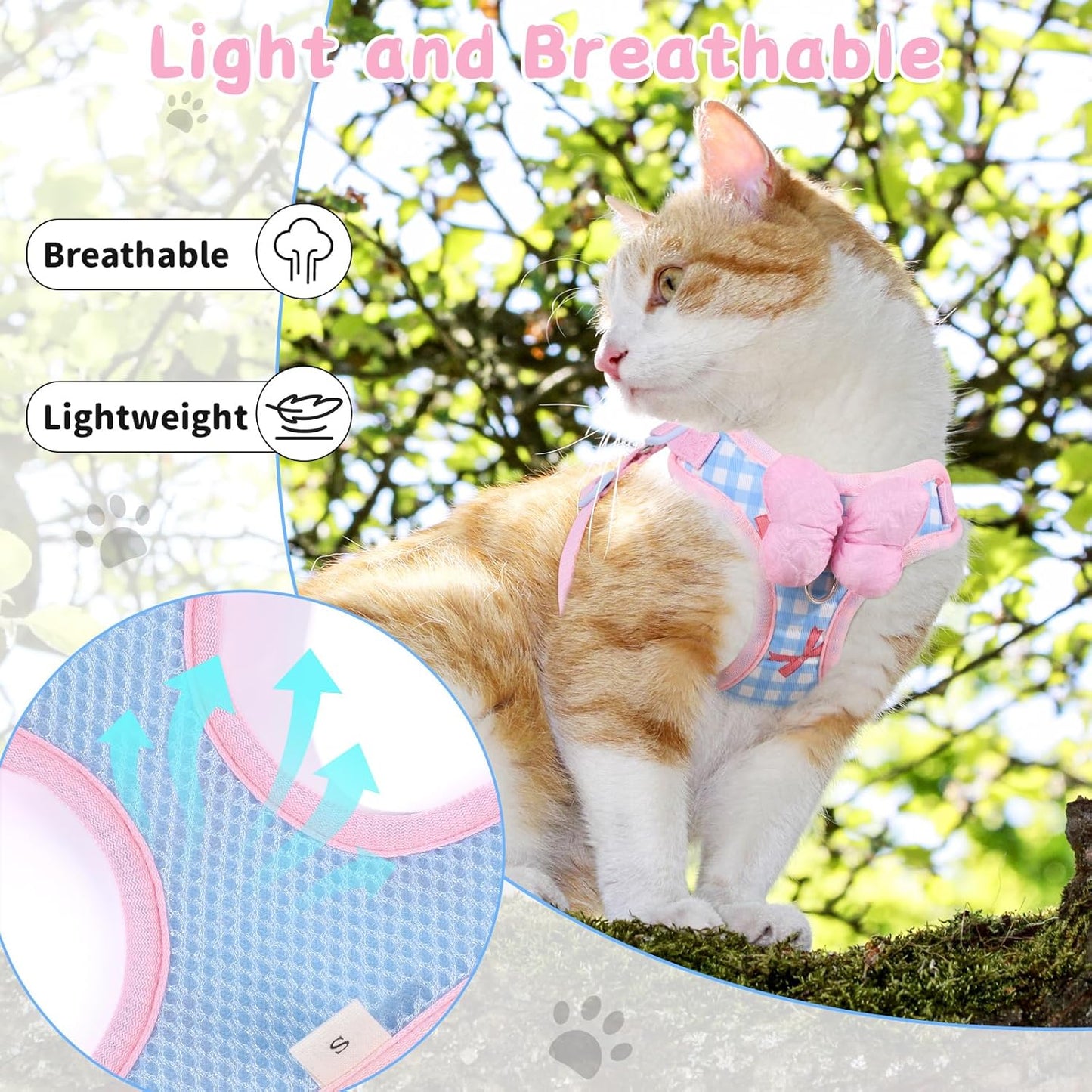 Cat Vest Harness and Leash Set for Walking Escape Proof, Adjustable Kitten Harness and Leash Set Breathable Mesh with Bow Harness for Kitty Puppy Bunny(Pink Medium)