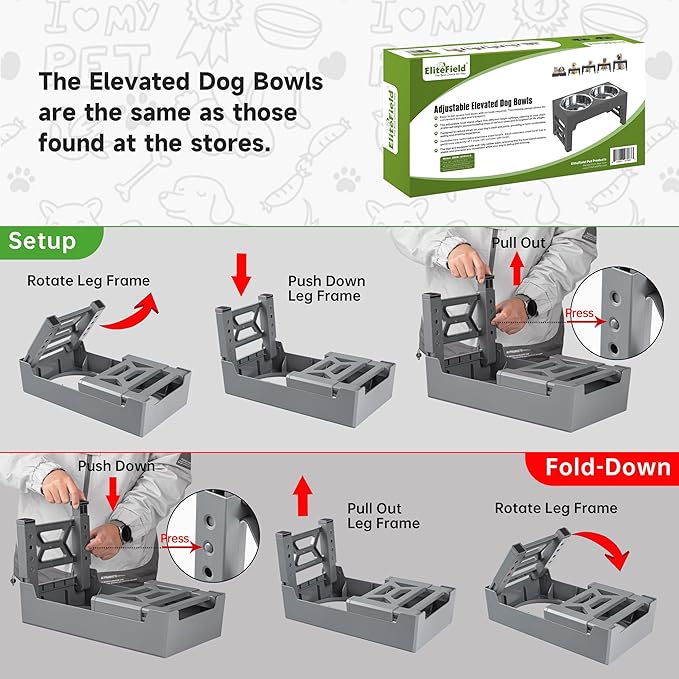 EliteField Elevated Dog Bowls (2-Year Warranty), Two 58 oz Stainless Steel Food Bowls, 5 Adjustable Raised Heights (4", 9.5", 10.5", 11.5", 12.75") Suitable for Dogs of All Ages, Small to Large Sizes
