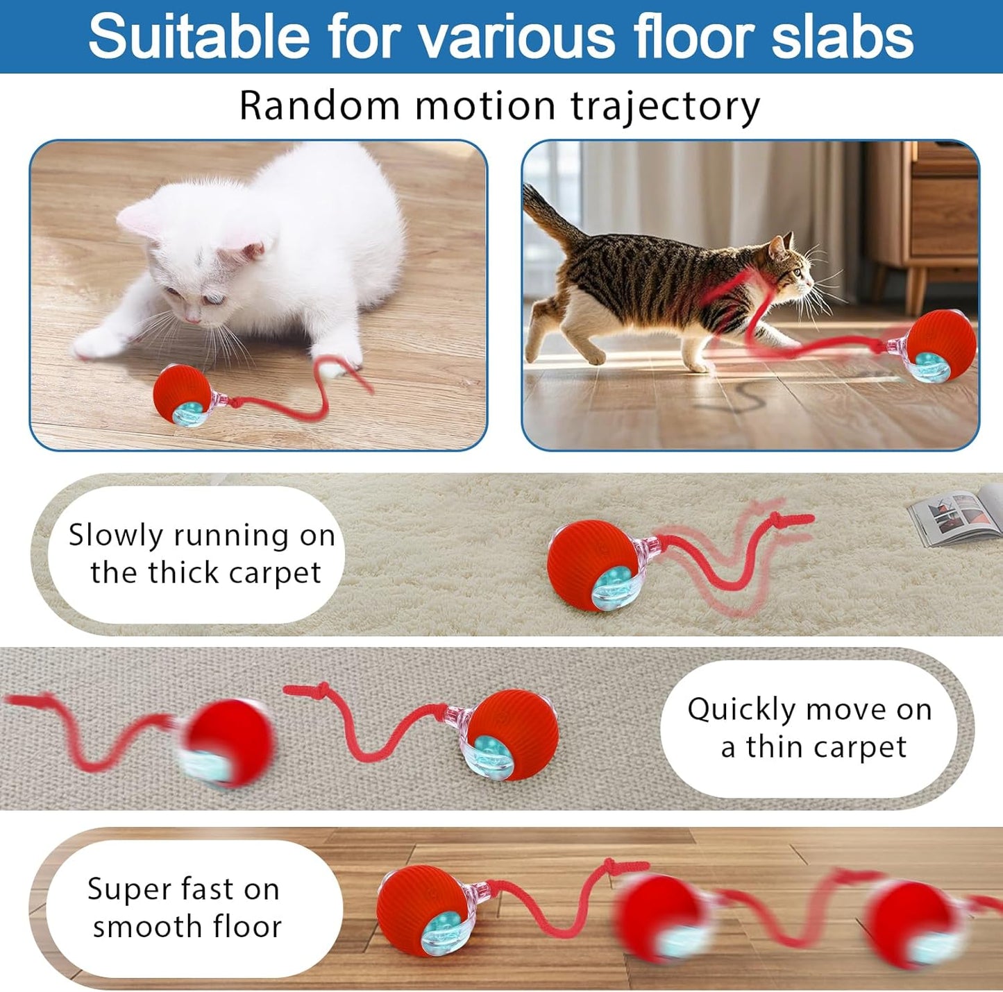 Interactive cat Toys for Indoor Cats, Speedy Tail 3.0 Cat Toy, Motion Activate cat Toy Ball,Automatic Toys for Bored Indoor Cats, Speedy Tail 2.0 Cat Toy, Rechargeabl(Red)