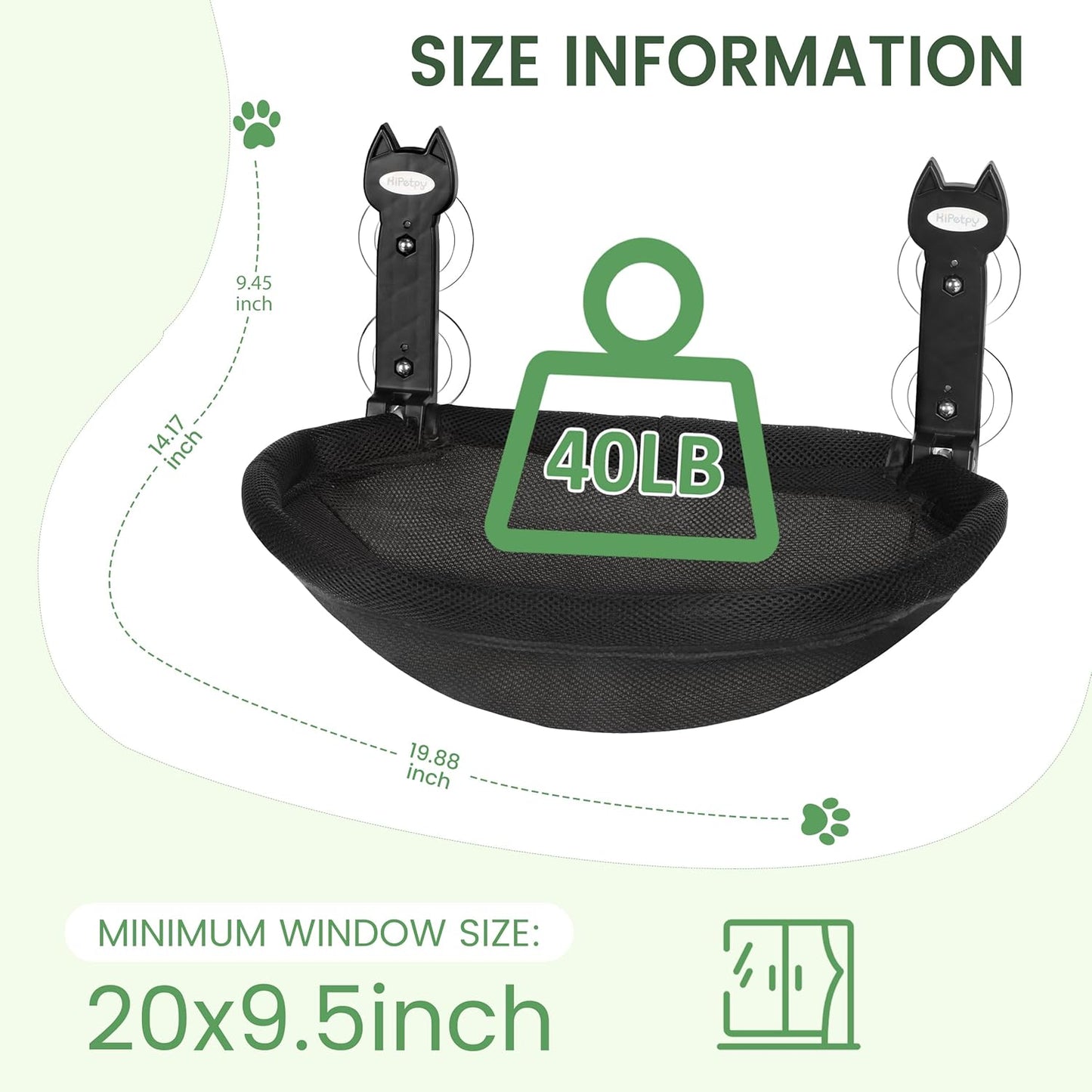 Cat Window Perch, Foldable Cat Hammock with Sunken Design, Breathable Cordless Window Bed with Stud Metal Frame for Large Cats and Kitten (Black Deep Perch, Medium)