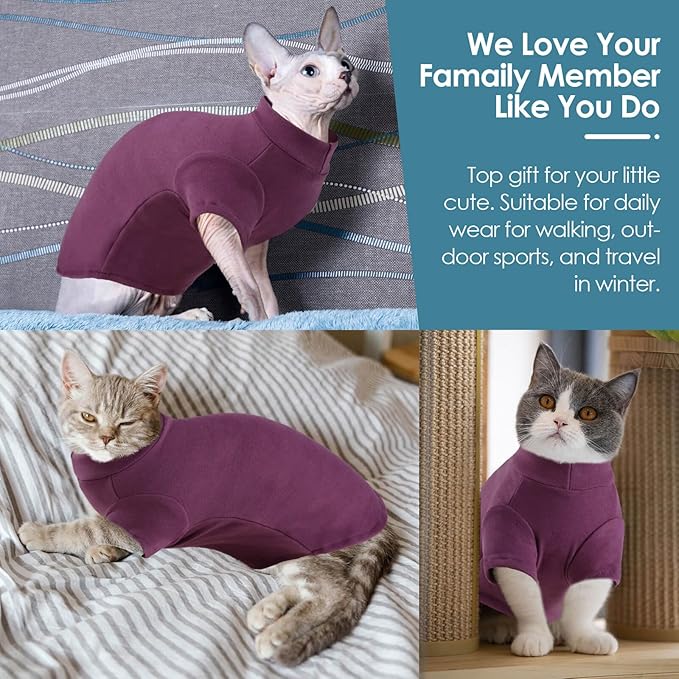 SUNFURA Turtleneck Sweater for Cat, Sphynx Cats Shirt Hairless Cat Sweaters with Sleeves, Warm and Soft Kitten Pullover Fleece Winter Pajamas Jumpsuit for Puppy Cats, Purple L