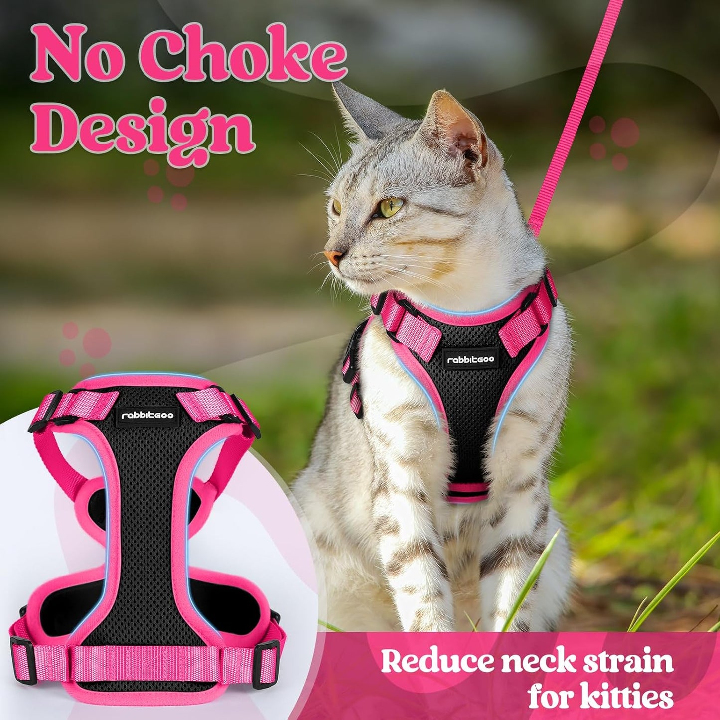 rabbitgoo Cat Harness and Leash Set, Escape Proof Soft Adjustable Vest Harnesses for Outdoor Walking, Easy Control Breathable Kitten Jacket with Reflective Strips, Black & Rose Pink, M