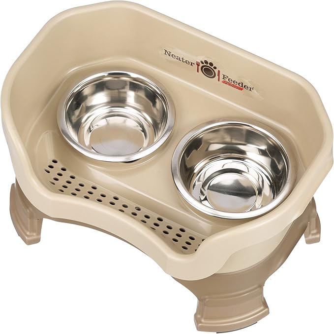 Neater Feeder Deluxe Mess Proof Dog Bowls Elevated for Small Breeds – Made in USA – No Spill Raised Dog Food Bowl Stand w/Leg Extensions – Stainless Steel Dog Food and Water Bowl Set – Beige