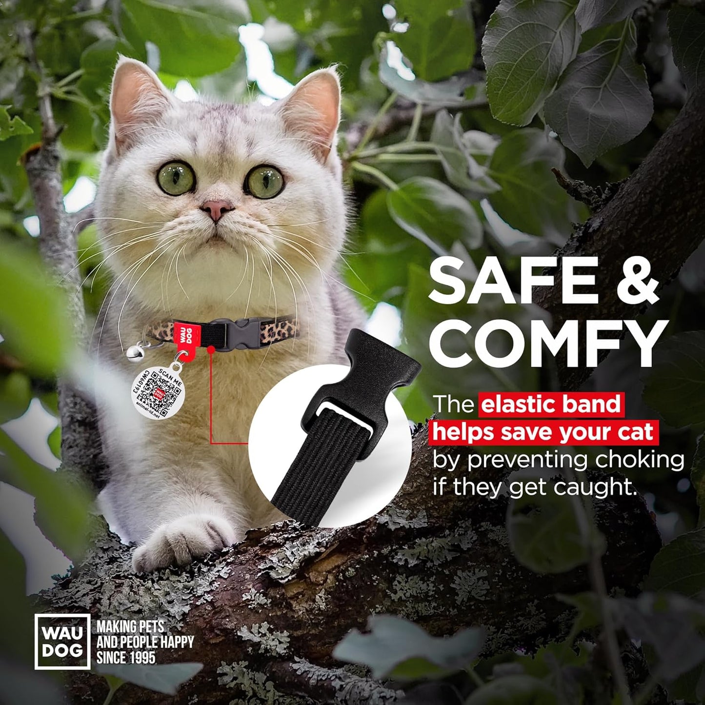 WAUDOG Nylon Cat Collar with Removable Bell and QR ID Tag for Small, Medium and Large Breeds Adjustable Long Lasting Durable Kitten Collars Boy & Girl