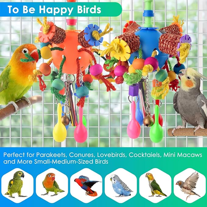 KATUMO Bird Toys, 2PCS Parakeet Foraging Shredder Hanging Toys with Sola Balls Sand Hammer, Parrot Ball Treats for Conure Mini Macaw Cockatiel Lovebird Small-Medium Birds