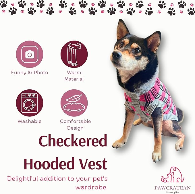 Cute Sweater for Dogs and Cats Soft Flannel Pet Outfit Warm and Cozy Animal Hoodie Small to Large Pet Clothes for Halloween Parties and Everyday Wear (Small, Pink Checkered with Hat)