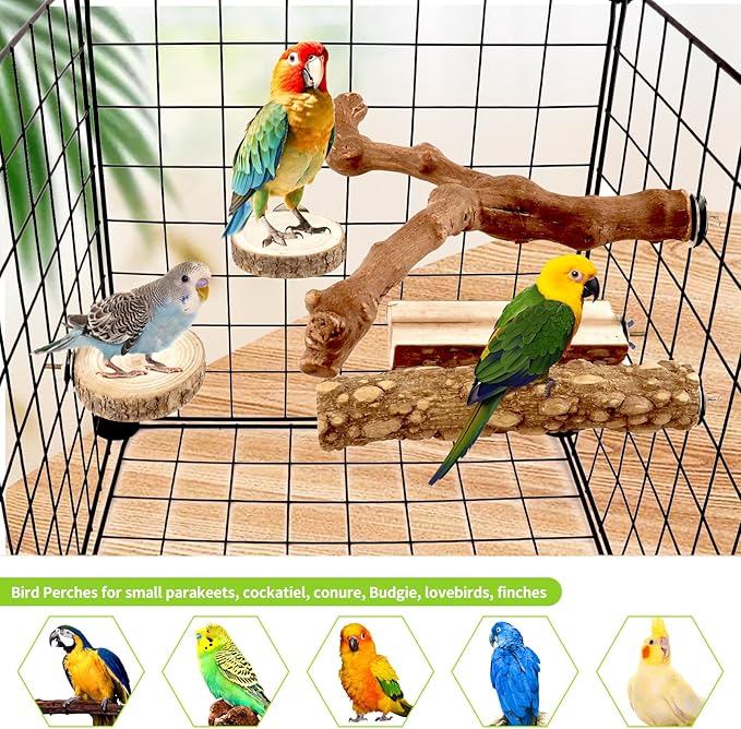 Natural Wood Bird Perches for Cage, Parrot Perch Stand & Platform, Bird Cage Accessories for Parakeets, Cockatiels, Conures, Lovebirds (Brown, Natural Grapewood Variety Set - 8PCS)