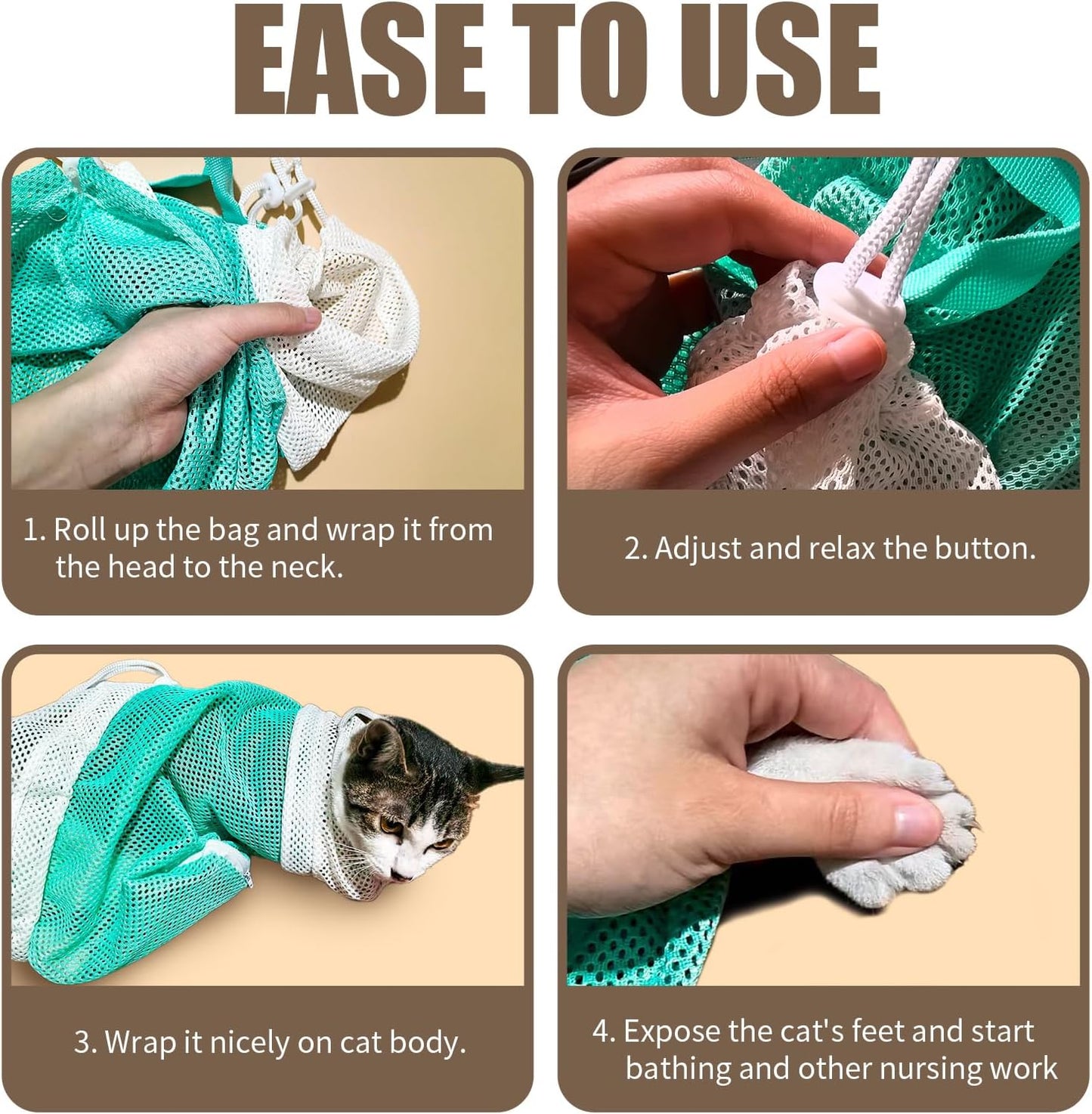 Cat Shower Bag with Removable Hood - Green Mesh Cat Bathing Bag for Stress-Free Bath, Nail Clipping & Grooming, Comfortable Cat Washing Bag