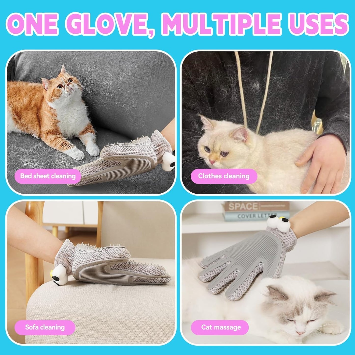 Pet Grooming Gloves Suitable for Long- and Short-Haired Dogs and Cats. Double-Sided, Two-in-One, Pet Hair Removal Gloves for Depilating and Massaging Cats and Dogs. Upgraded Five-Finger Design.