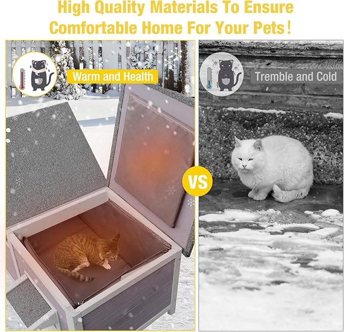 Aivituvin Outdoor Cat House,Double Rooms Waterproof Outside Feral Cat Shelter for Winter 100% Wood