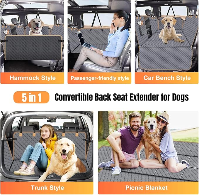 Dog Car Seat Cover for Back Seat, Dog Car Bed Cover with Strong Hard Bottom, Back Seat Extender Hammock for Cars SUV Truck 4 Panels Gray Color Large Size