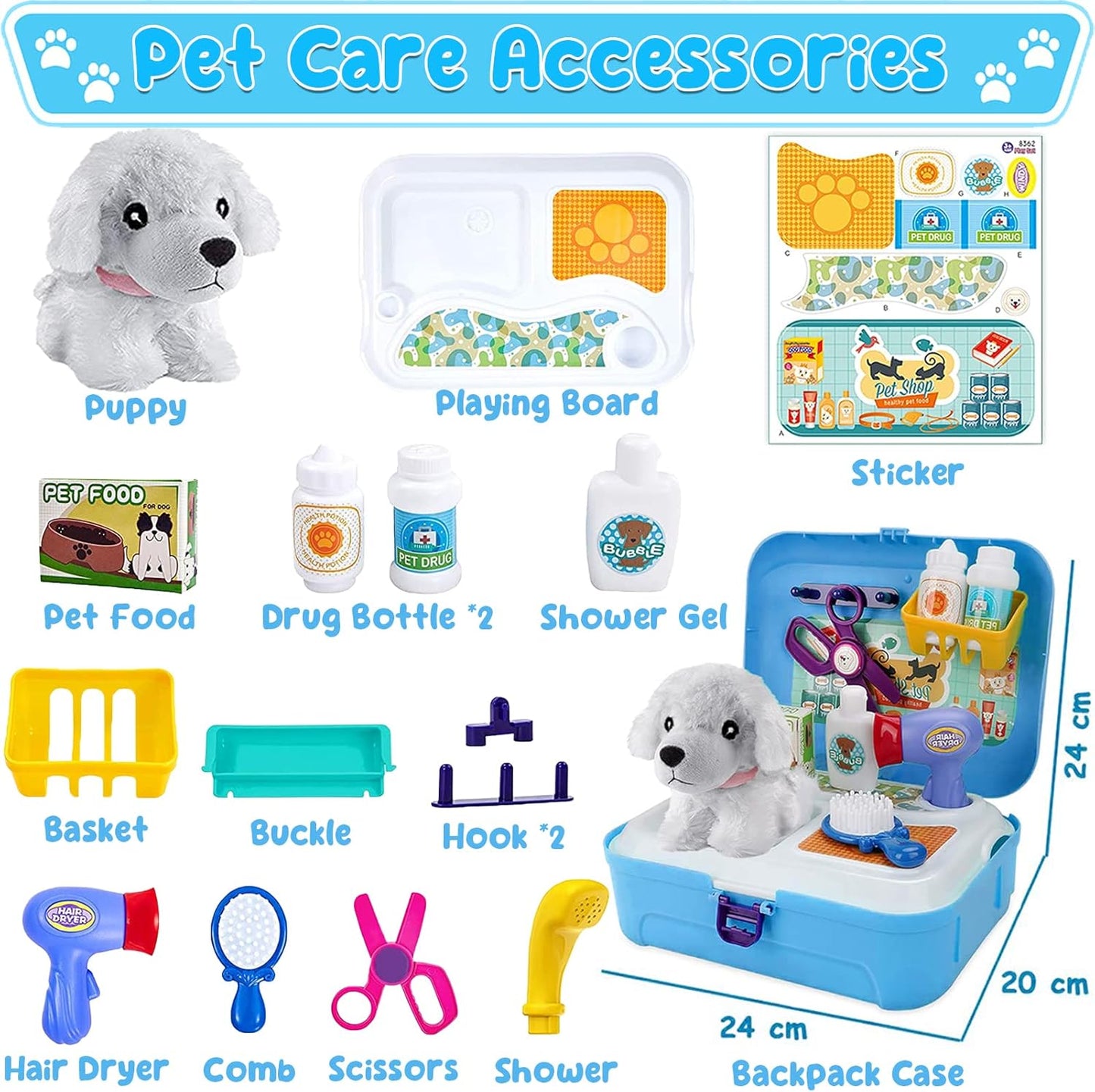 TEUVO Pet Care Playset, 16Pcs Kids Doctor Kit with Plush Dog & Backpack for Dog Grooming & Feeding, Pet Doctor Pretend Play Toys for 3 4 5 6 7 Years Old Girls Boys Birthday