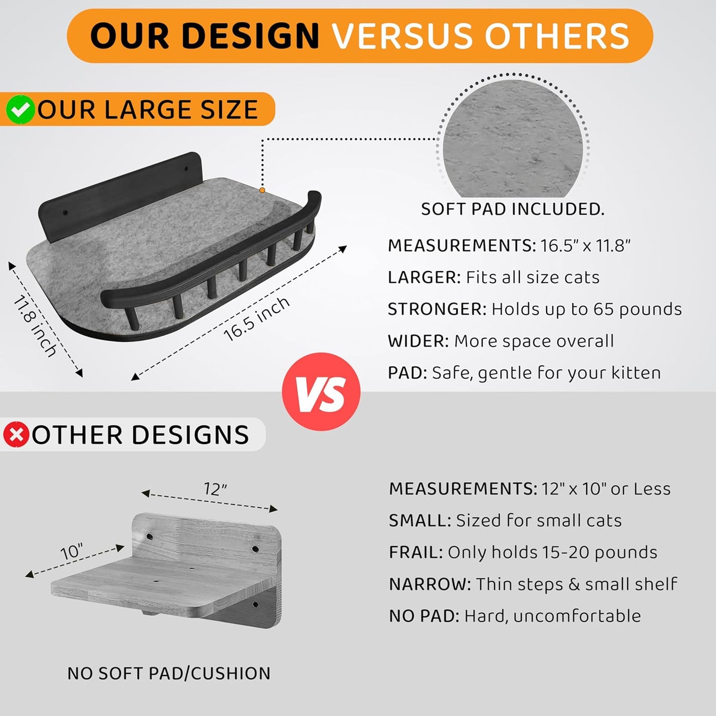 Cat Wall Shelves with 3 Steps – Modern Mounted Cat Wall Furniture & Shelf, Premium Hardwood Bed for Climbing, Sleeping & Lounging, Indoor Hammock for Large Cats - Black