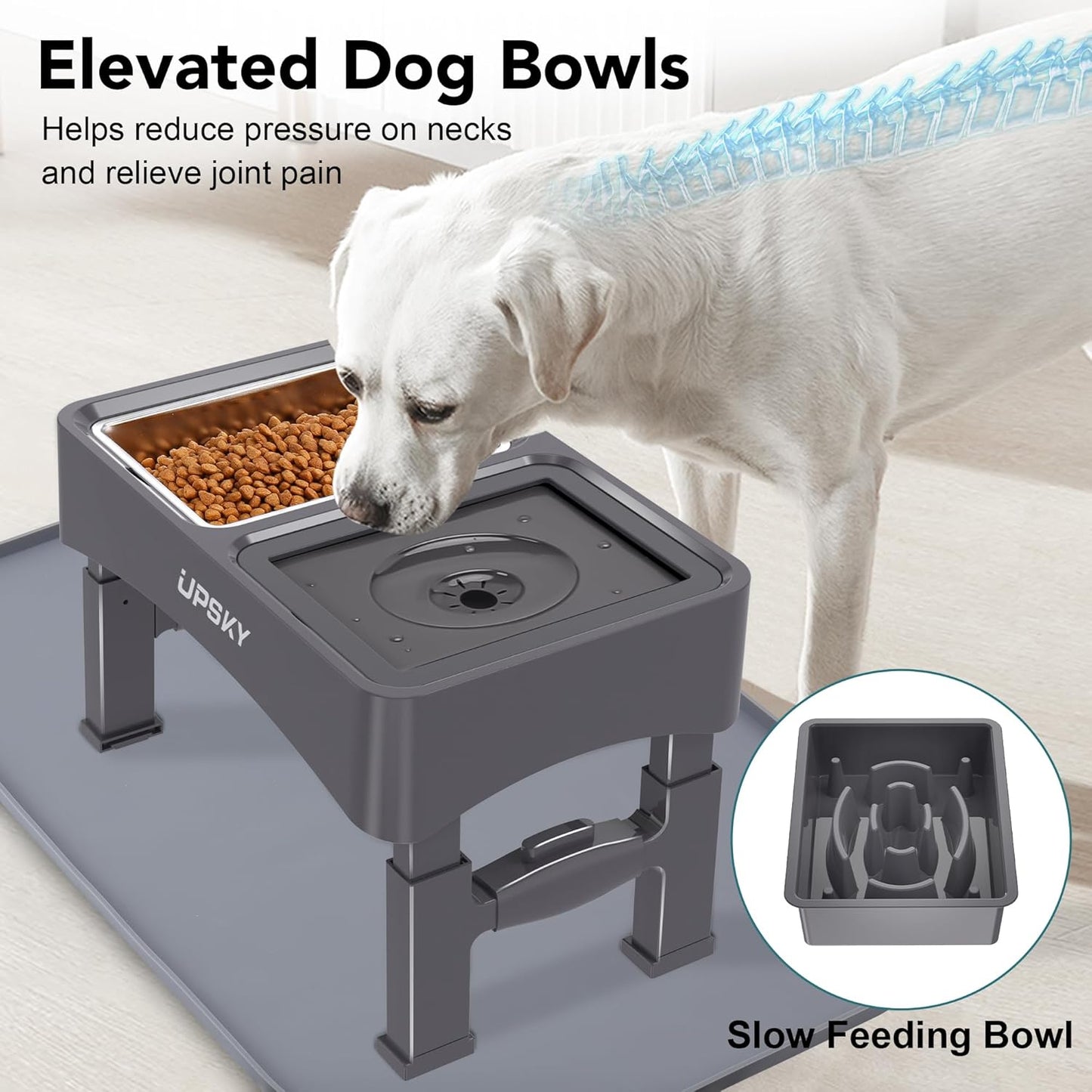 UPSKY 3-in-1 Elevated Dog Bowls with Mat, Large 24 x 16 Inches, 4 Height Adjustable Stand with Slow Feeder, Stainless Steel Bowl for Small to Medium Dogs, Grey