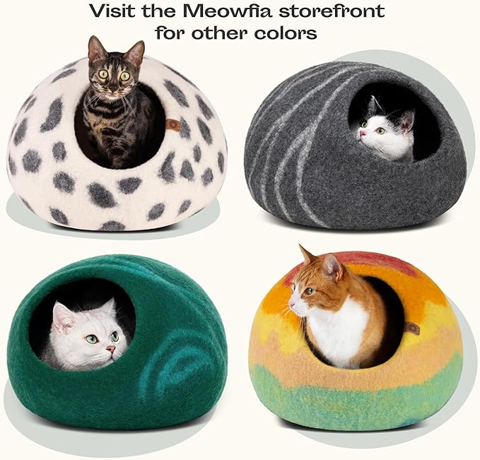 MEOWFIA Cat Cave – Premium Felt Cat Bed for Indoor Cats, Handmade 100% Merino Wool (Medium, Emerald)