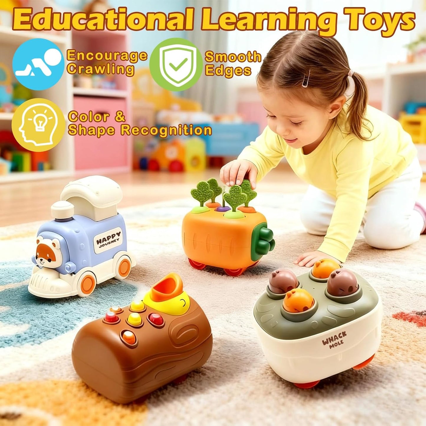 Press and Go Car Toys, Kids Push Car with Whack-A-Mole, Woodpecker Worm, Carrot Harvest Game, Car Racing Toy for Toddler Travel Toys, Baby Learning & Education Train Toys Birthday Boy Girl gift