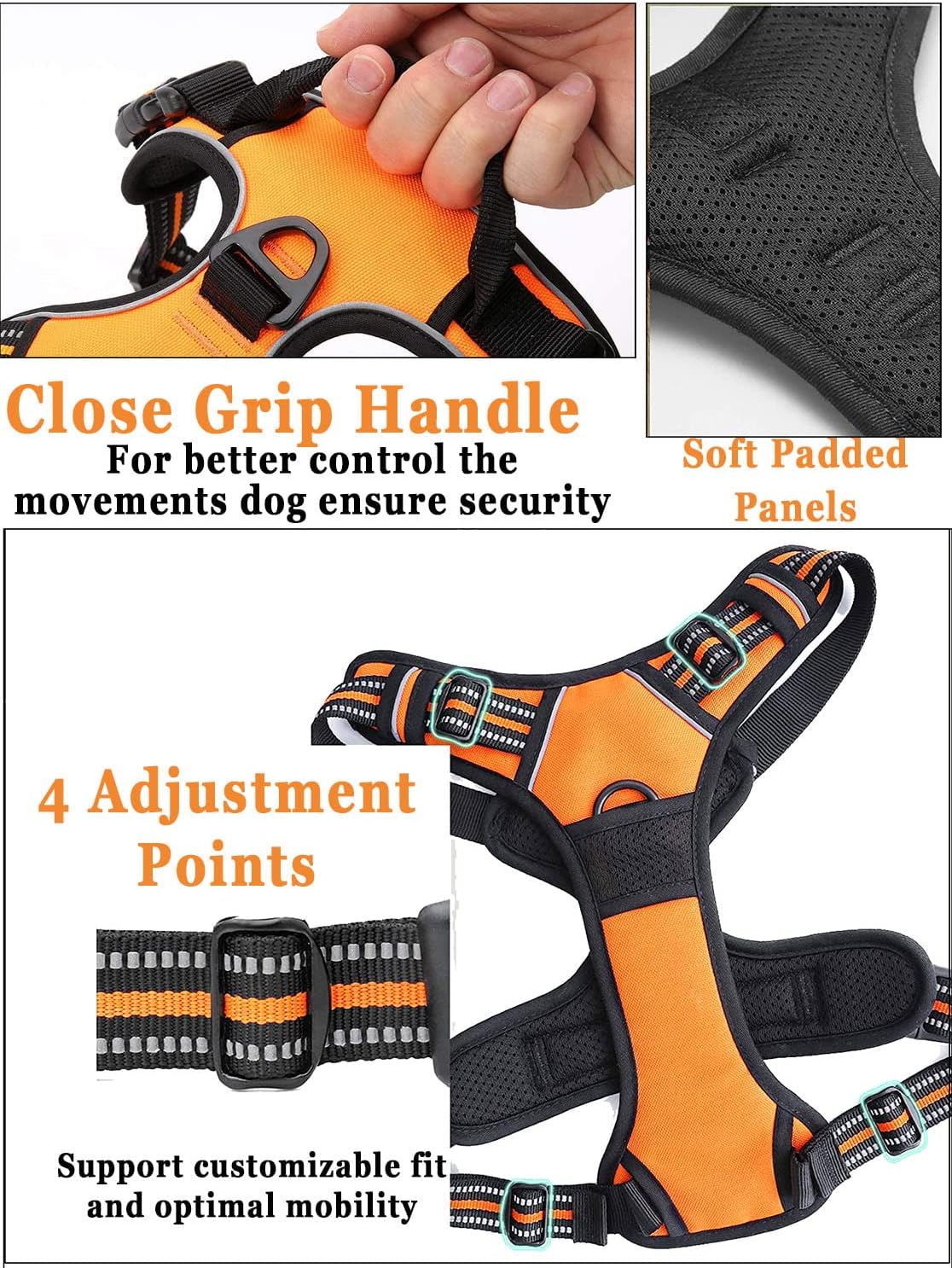 Personalized Custom No Pull Dog Harness Leash Set with Name Phone Number-Heavy Duty Reflective Soft Padded Dog Vest Harness with Easy Control Handle for Small Medium Large Dog-2 Leash Attachments