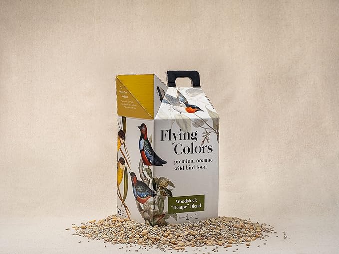 Flying Colors Premium Organic Wild Bird Seed | Woodstock 'Hempy' Blend | 100% USDA Organic Ingredients | No Fillers, No Pesticides | Sunflower Seed, Peanut, Safflower, Hemp | 3 Gallon Easy-Pour Carton