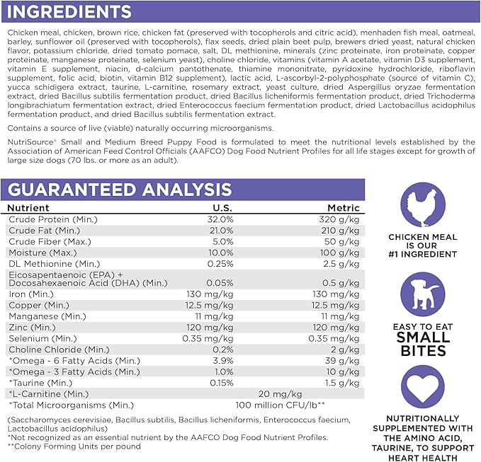 NutriSource Puppy Food for Small and Medium Breeds, Chicken Meal and Rice, 4LB