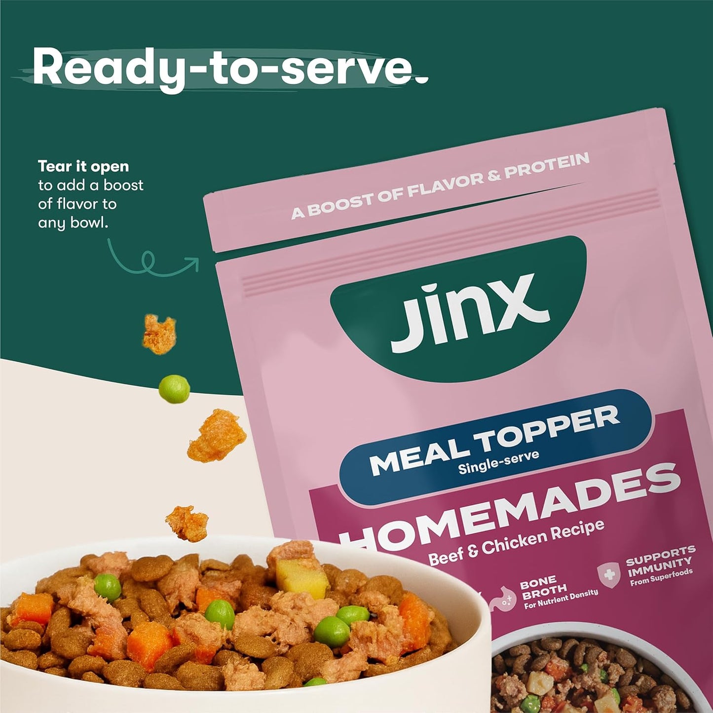 Jinx Beef Wet Dog Food Pouches, Meal or Dog Food Topper Mix-in, Made with Real Beef & Chicken, Bone Broth, No Fillers - Puppy, Adult, Senior, 3oz, 8 Pack