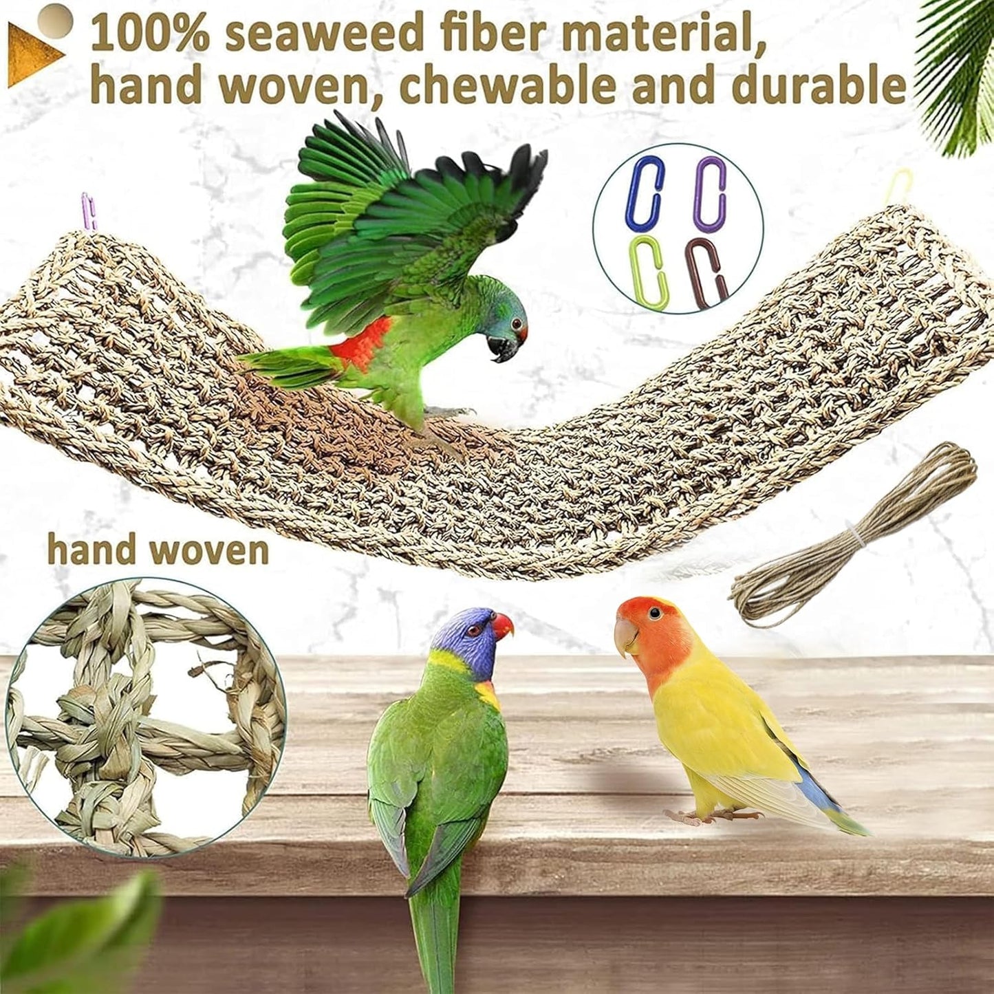 Bird Seagrass Mat 16 × 7" Parrot Natural Grass Woven Net Hammock Parakeet Climbing Rope Ladder Mat Chew Toys Cage Accessories for Pigeon Cockatiel Conure Budgie Cockatoo Rat Hamster