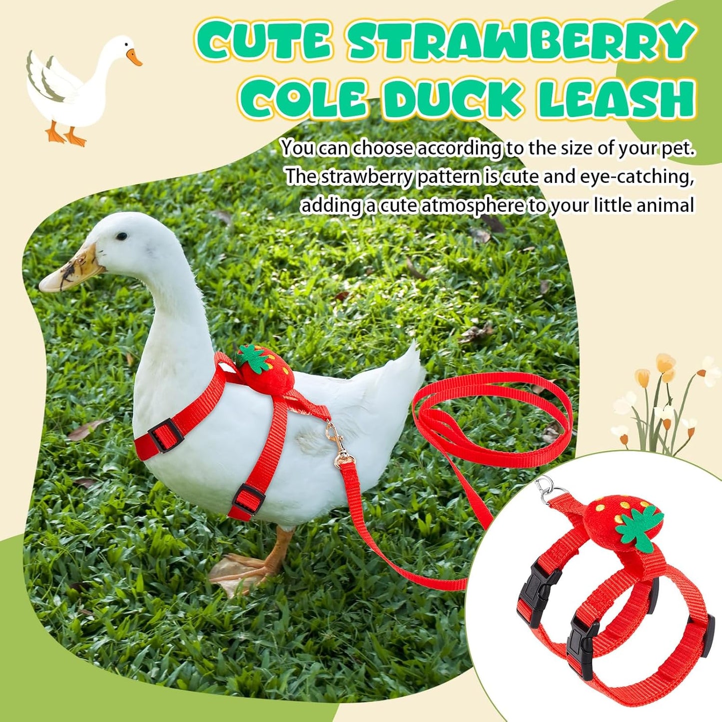Duck Harness Leash Set Duck Harness and Leash for Real Ducks Adjustable Walking Rope Pet Cute Pattern Outdoor Traction Rope for Chicken Rabbit Small Animals(Xs,Strawberry)