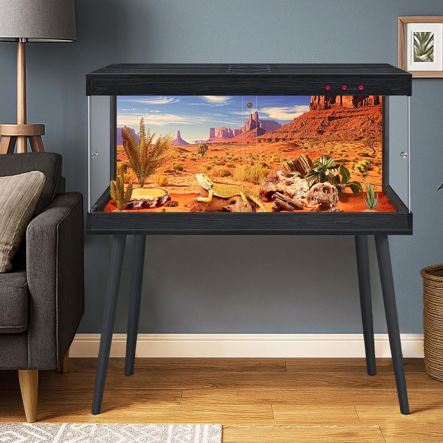 Royxen Tempered Glass Bearded Dragon Tank,65 Gallons Reptile Tank with Leg Stand,Built-in Lighting Reptile Enclosure Scartch-Proof Bearded Dragon Encloure for Chameleon,Snake(Black,40"x 20"x 20")