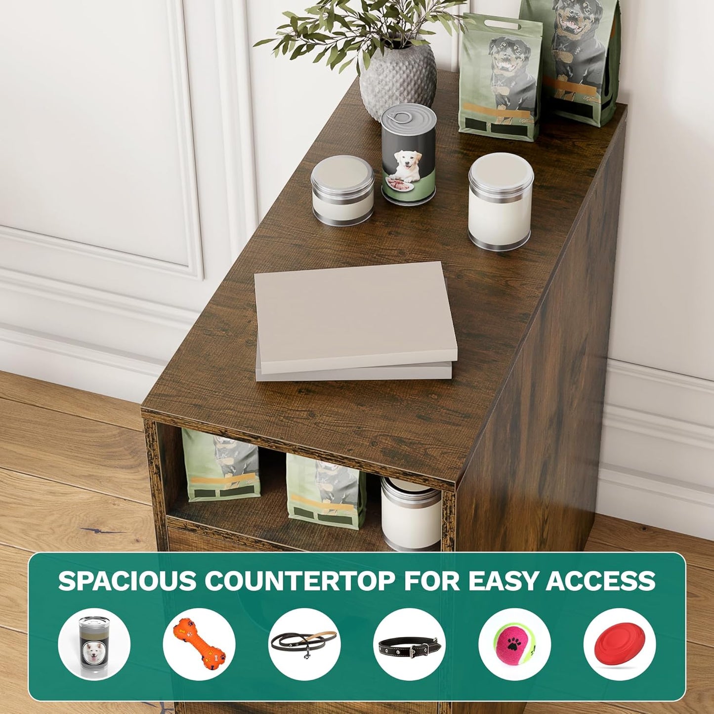 YITAHOME Dog Feeding Station with Storage, Dog Food Cabinet with 2 Feeder Bowls, Pull Out Elevated Dogs Bowl, Rustic Brown