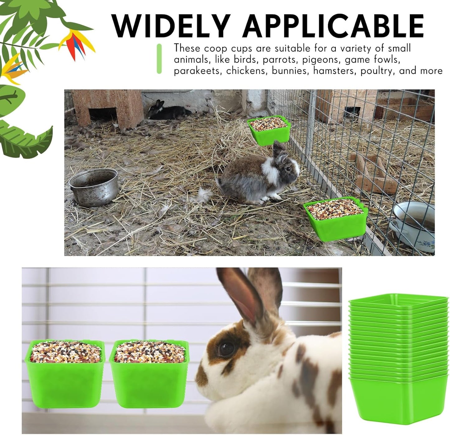 Maxdot 50 Pcs Cage Cups Chicken Feeder Cups 16 oz Hanging Bird Food Water Bowl Bunny Cage Feeding Dish for Pet Parrot Rooster Parakeet Gamefowl Poultry Pigeon(Green)