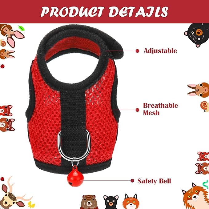 SATINIOR 2 Pieces Guinea Pig Clothes Baby Ferret Rats Hamster Soft Mesh Harness Leash Vest Set with Bell for Guinea Pigs, Hamster, Ferret, Rabbit, Chinchilla and Similar Small Animals(Black, Red,S)