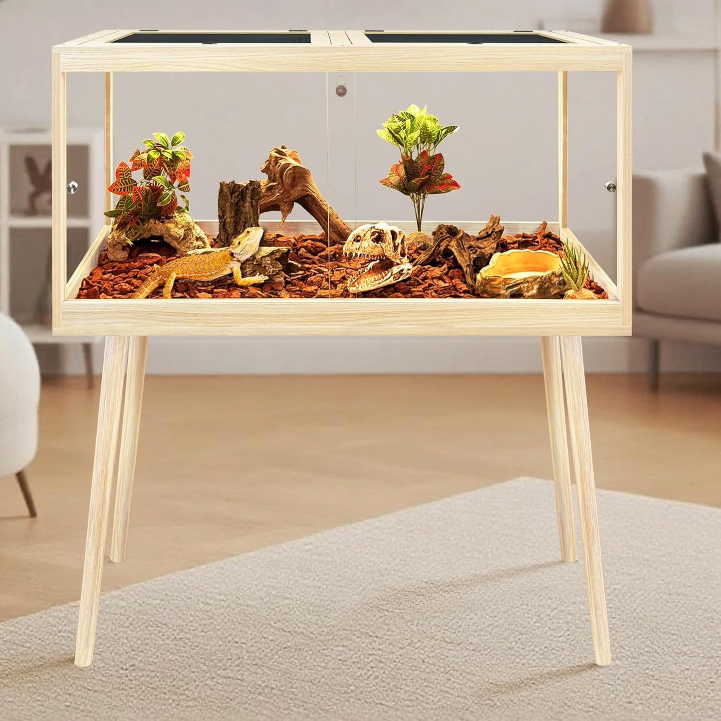 Prolee Bearded Dragon Tank with Leg Stand,Wooden Lizard Tank,Reptile Tank with Metal Mesh Roof Door, Acrylic Panel Snake Tank with Lock Design (Oak, 32"x16"x16")