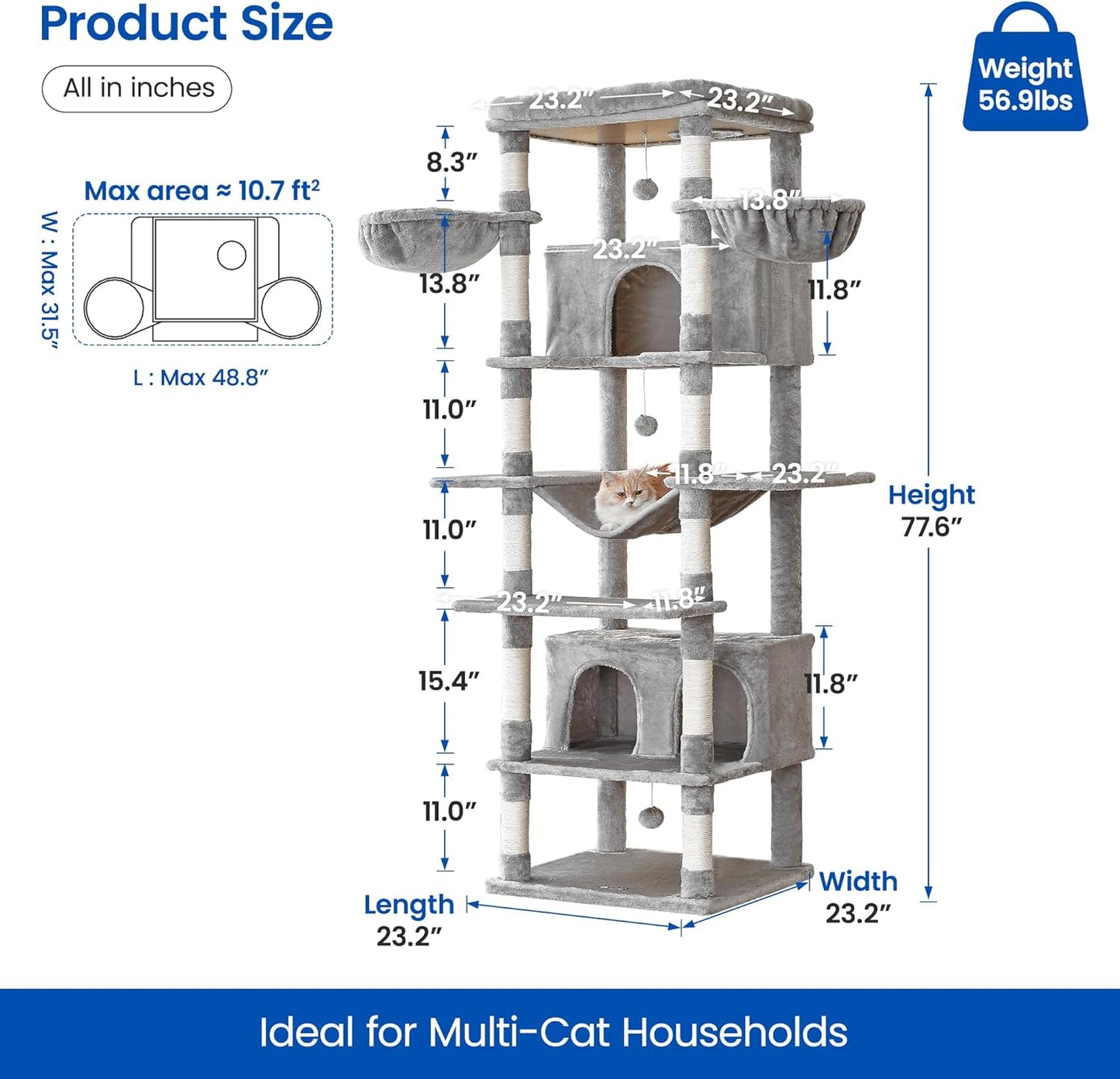 MWPO Extra Large Cat Tree, 77.6-Inch Tall Cat Tower for Indoor Cats with 2 Condos, Multi-Level Cat Stand for Large Cats, 3 Hammocks, Wide Perch, Scratching Posts, Dangling Toys, Light Grey