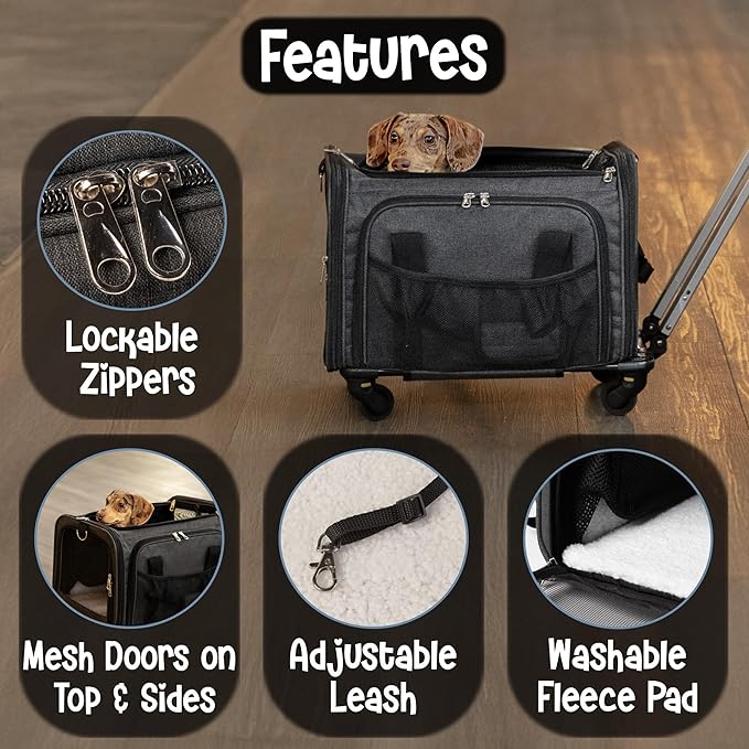Pet Carrier with Wheels | United Delta American Frontier Airline Approved | Two Expandable Sides, Storage Pockets Adjustable Leash | Rolling Dog and Cat Carrier TSA Compliant (Dark Grey 17x11x11)