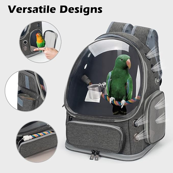 Bird Backpack Carrier Travel Cage with Perch, Tray and Breathable Clear Window, Bird Travel Cage for Cockatiel Caique Conure Quaker, for Vetting Camping Hiking (Grey)