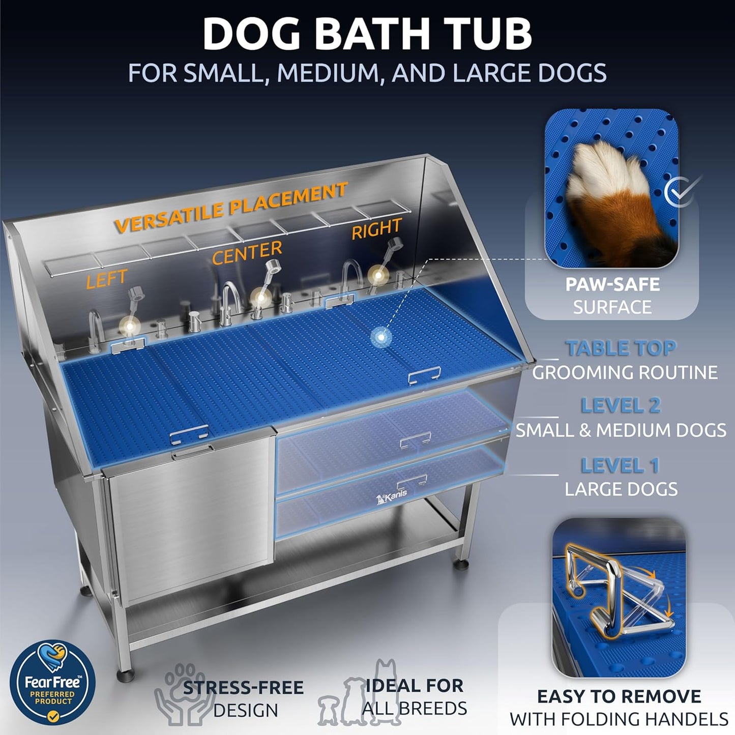 KANIS Professional Dog Washing Station - 304 Stainless Steel Pet Wash Sink & Grooming Bathtub w/Shower, Floor Grates and Storage for Large, Medium & Small Pets (61", Shelf - Left Ramp)