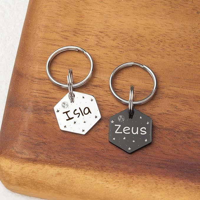 Anavia Small Size Dog Cat ID Tags, Small/XS Personalized Color Plated Stainless Steel Puppy Kitten Name Tags, Customized Engraved Nameplate Pet Collar Tag (Silver, Hexagon)