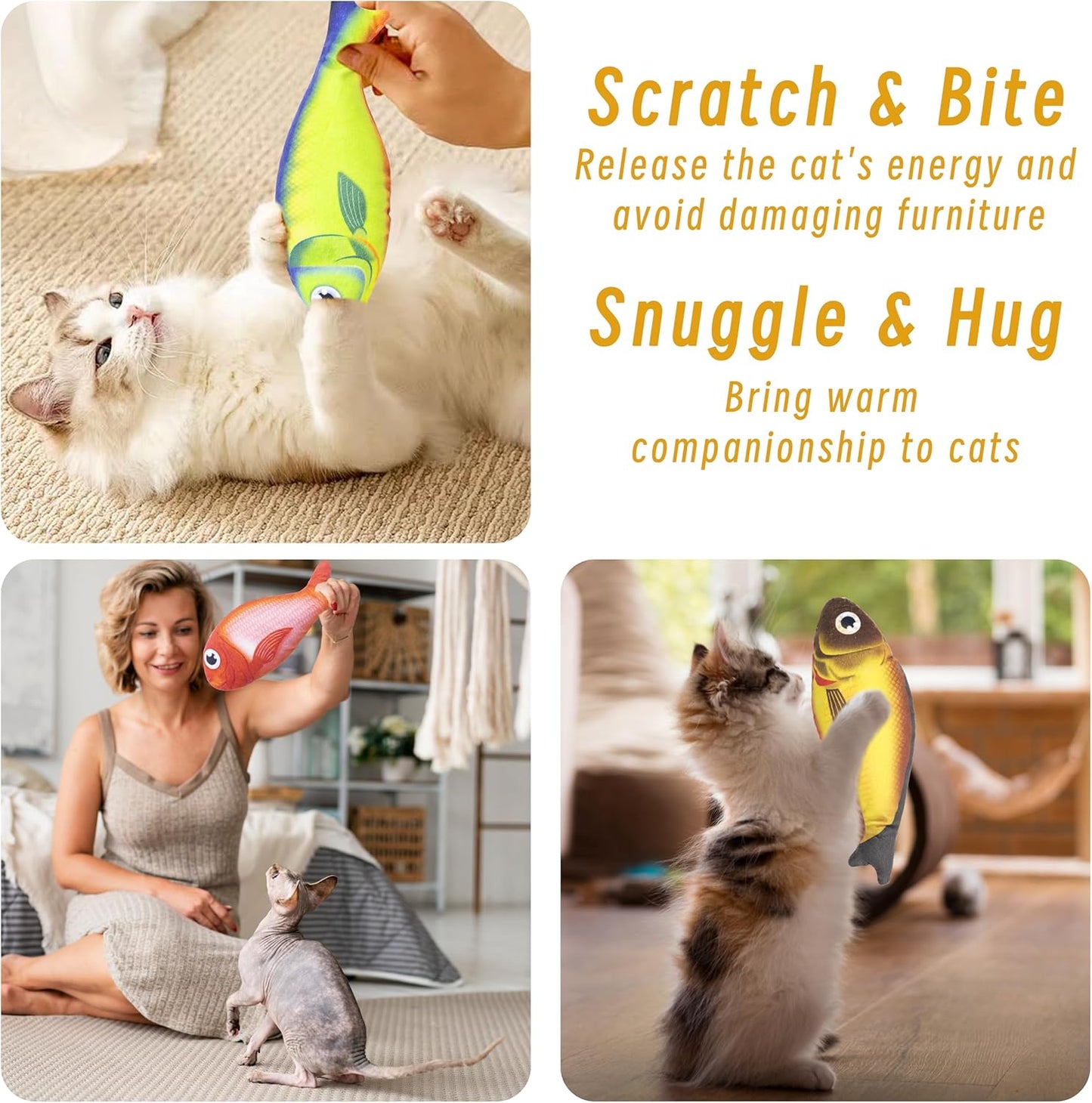 Soft Catnip Toys Fish, 3 Pack Bell Sound Cat Toys, Interesting Indoor Cat Kicker Toys, Durable and Highly Interactive Catnip Toys (Lucky Fish)