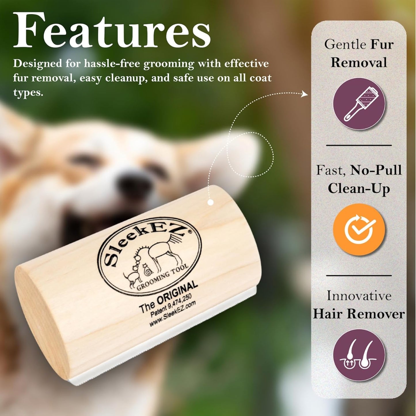 SleekEZ Dog Brush for Shedding & Dog Grooming Supplies | Pet Hair Removal Tool | Great For All Fur Types | For Short, Medium, & Long Hair Pets | Reduces Shedding by 95% | Made in USA | 1 pack | 5 inch