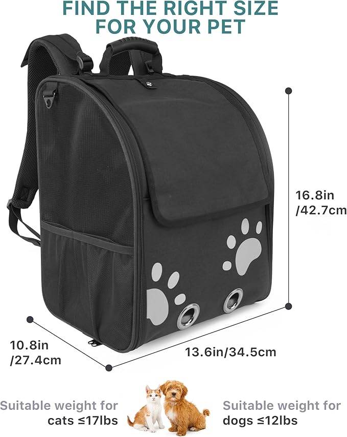 Cat Backpack Carrier with Comfort Handle, Ventilated Cat Backpack with Reflective Strips, Foldable Cat Carrying Backpack for Cats up to 17 lbs and Small Dogs up to 13 lbs(Black).