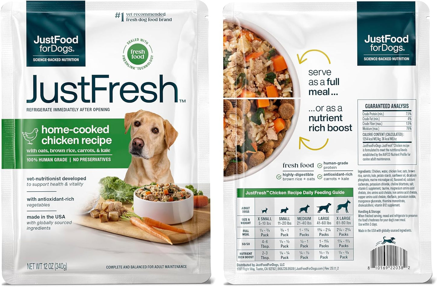 JustFoodForDogs JustFresh Wet Dog Food, Fresh Pet Meals and Toppers with No Preservatives, Resealable Package, Human Grade, Home-Cooked Beef and Chicken Variety, 12 oz - 8 Pack