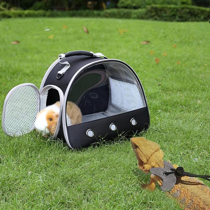 Leopard Gecko Portable Carrier with Leather Harness and Leash Set,Small Animal Travel Cage with Transparent Window,Lizard Carrier for Hamster Rabbit Gerbil Hedgehog Sugar Glider