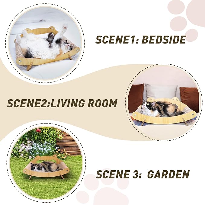 Sisal Cat Scratcher Lounger Bed for Large Indoor Cats – Wooden Cat Scratch Pad, Durable Recliner Chair, Stylish Fluffy Couch, 2-in-1 Scratcher & Lounger with Hammock (Large)