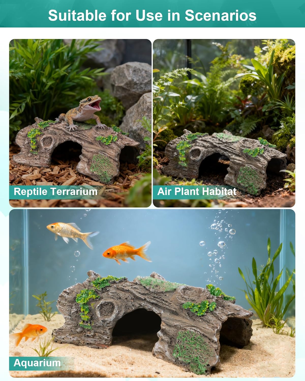 TRUVIC Fish Tank Decorations - Aquarium Cave Decor, Resin Hollow Tree Trunk Reptile Hide & Betta Log Hideout for 20 Gallon Tank, Fish Accessories Shelter Cave