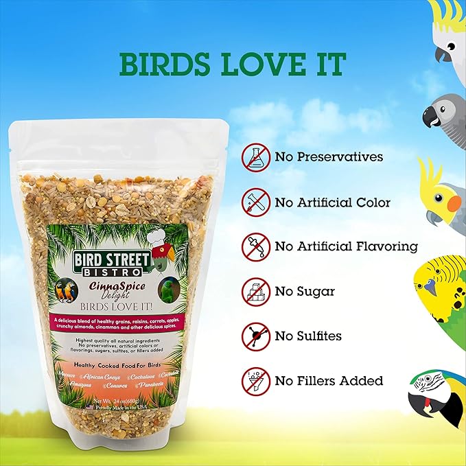 Bird Street Bistro Parrot Food Sample 4 Pack - Parakeet Food - Cockatiel Food - Bird Food - Cooks in 3-15 min w/Natural & Organic Grains - Healthy, Non-GMO Fruits, Healthy Orientated Spices