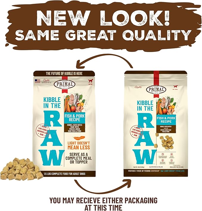 Primal Kibble in The Raw, Freeze Dried Dog Food, Fish & Pork, Scoop & Serve, Made with Raw Protein, Whole Ingredient Nutrition, Crafted in The USA, Dry Dog Food 1.5 lb Bag