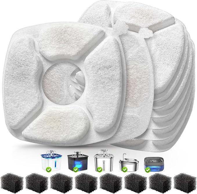 16 Pcs Cat Water Fountain Replacement Filters-8 Pack Cat Fountain Filters with 8 Pack Sponges, Enhanced Compatibility Pet Fountain Filter Fit for 95oz/2.8L 135oz/4L 67oz/2L Pet Drinking Fountain
