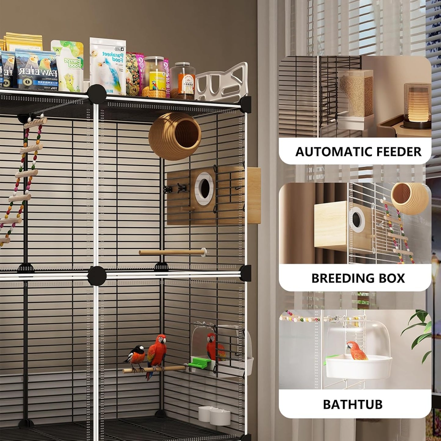Large Parrot Cage with Acrylic Doors, 4 Casters, Perch & Feeder, Detachable Drawer, Ideal for Cockatiels, Budgies, Conures, Indoor/Outdoor Use – Spacious White Birdcage(Black,72 * 36 * 170)