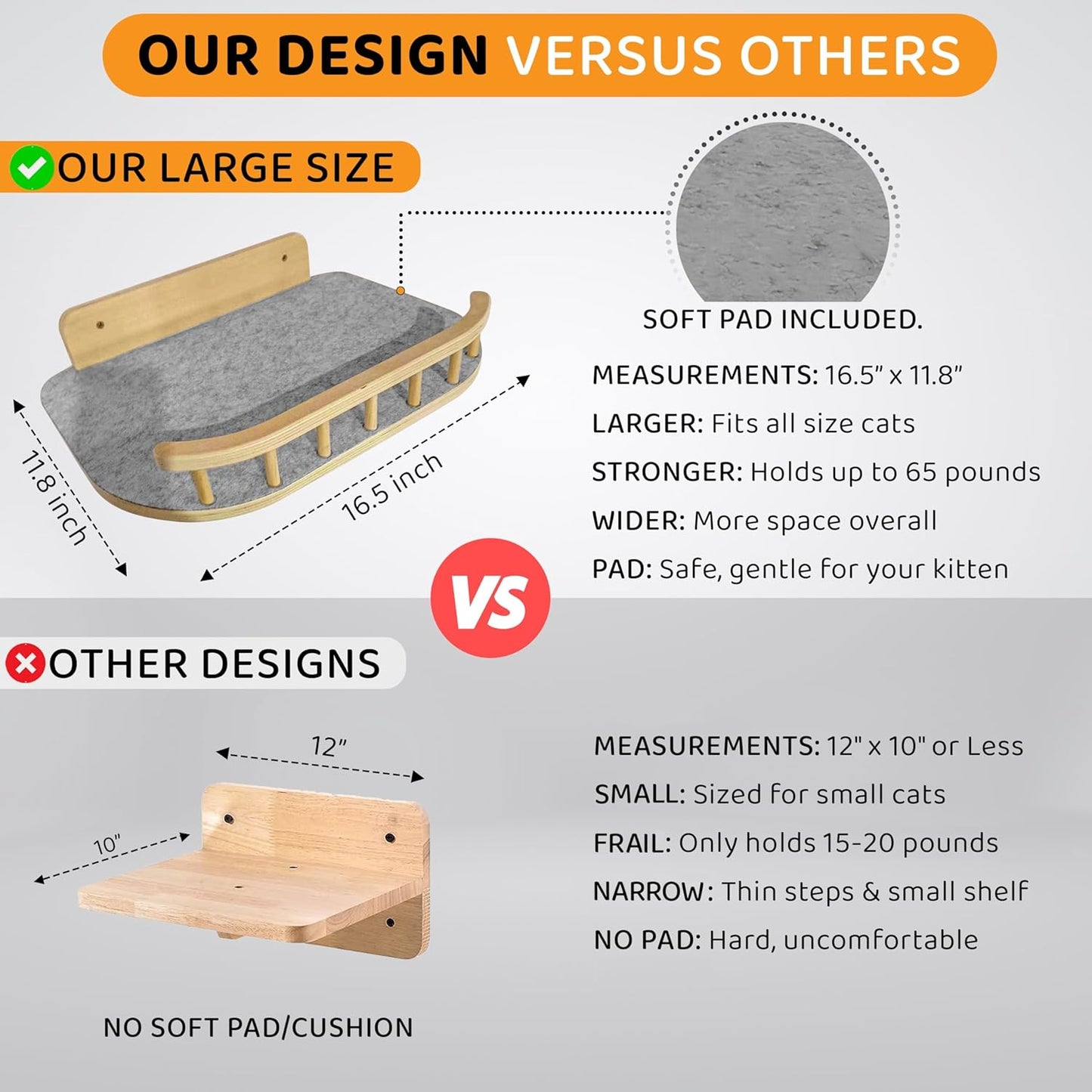 Cat Wall Shelves with 3 Steps – Modern Mounted Cat Wall Furniture & Shelf, Premium Hardwood Cat Bed for Climbing, Sleeping & Lounging, Indoor Hammock for Large Cats